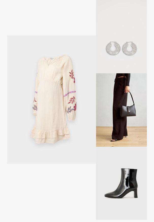 Rochie de maternitate de culoare crem, cu mâneci lungi, talie plisată și broderie florală în nuanțe de roz și albastru. Prezintă un tiv ondulat.; Botine negre din piele lacuită, cu vârful ascuțit și toc bloc de înălțime medie. Textură netedă și design minimalist.; Genți negre cu o formă structurată, textură netedă și un închizător metalic. Asortată cu pantaloni negri largi și sandale cu vârf deschis pe un podea din lemn.; Cercei din argint cu inel, decorati cu multiple stratificari de cristale transparente, având o suprafață texturată și un design circular deschis.