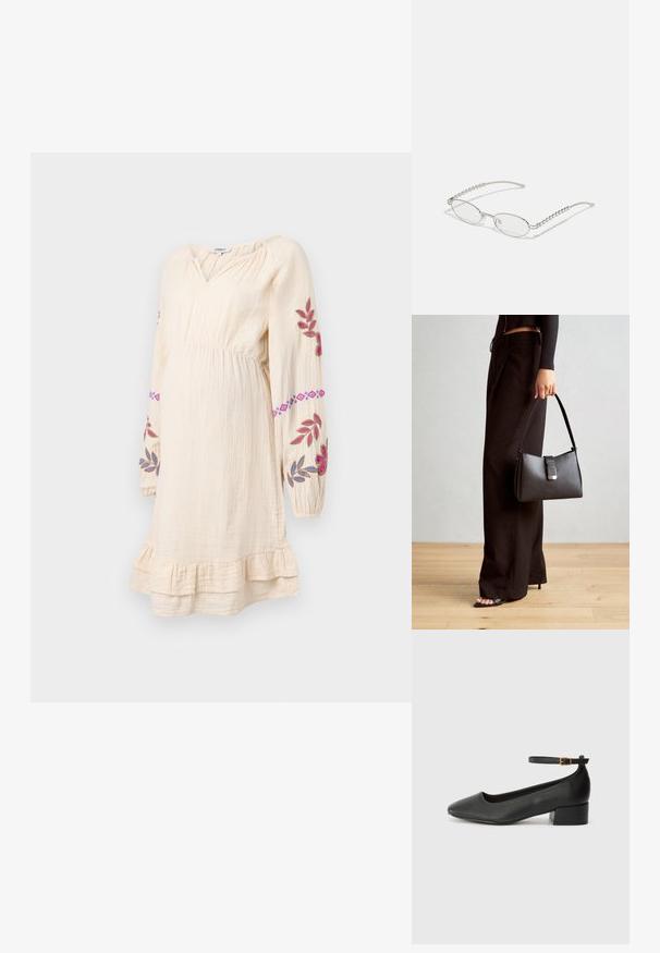 Krēmkrāsas grūtniecības kleita ar garām piedurknēm, savilkta josta un ziedu izšuvums rozā un zilā krāsā. Iezīme - viļņots apakšmalas dizains.; Melnas ādas sūkņi ar smailu purngalu un zemu bloku papēdi. Iezīmēts ar potītes siksniņu ar zelta krāsas sprādzi. Gluda tekstūra.; Ovālas brilles ar metāliski sudraba rāmi, caurspīdīgām lēcām un teksturētām pērlīšu akcentiem uz tempļiem. Viegls dizains ar izliektiem kājiņām.; Melnā somiņa ar strukturētu formu, gludu tekstūru un metālu sprādzi. Saskaņota ar platām melnām biksēm un sandālēm ar atvērtu purngalu uz koka grīdas.