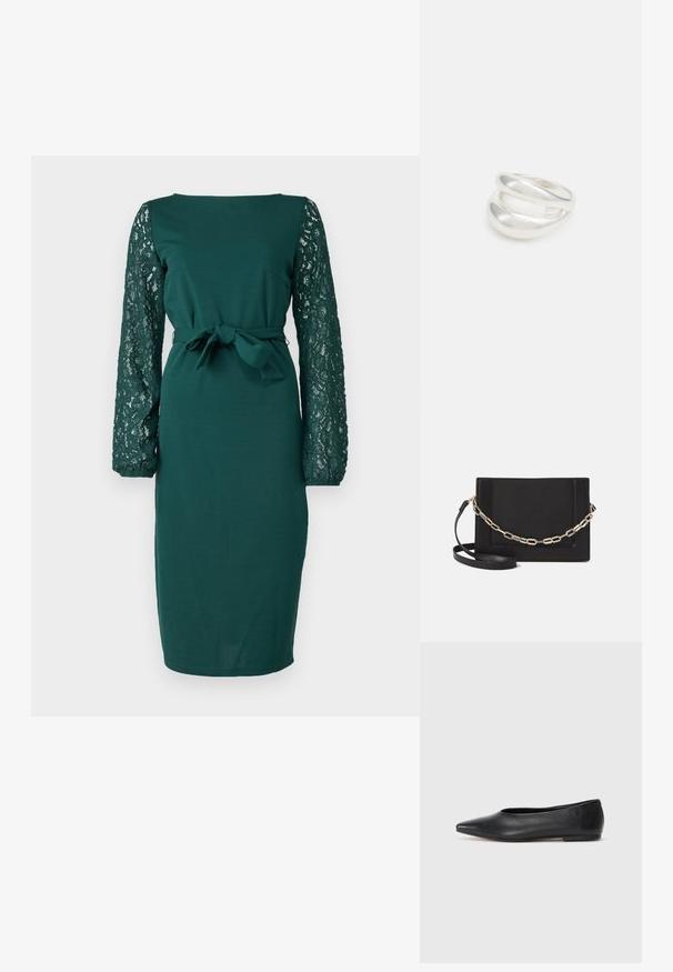 Zelena haljina s dugim čipkastim rukavima, prilagođenim siluetom, okruglim izrezom i vezanjem u struku. Glatka tkanina s teksturiranim čipkastim detaljima.; Crne kožne balerinke, uski vrh, minimalistički dizajn, glatka tekstura, niska peta, bez vidljivih dodataka ili ukrasa.; Crna kožna torba preko tijela s glatkom teksturom, pravokutnim oblikom i metalnim lancem na prednjoj strani. Uključena je podesiva naramenica.; Srebrna dvostruka prsten s glatkom, poliranom površinom. Karakterizira ga fluidan, zakrivljen dizajn s preklapajućim sekcijama za moderan izgled.