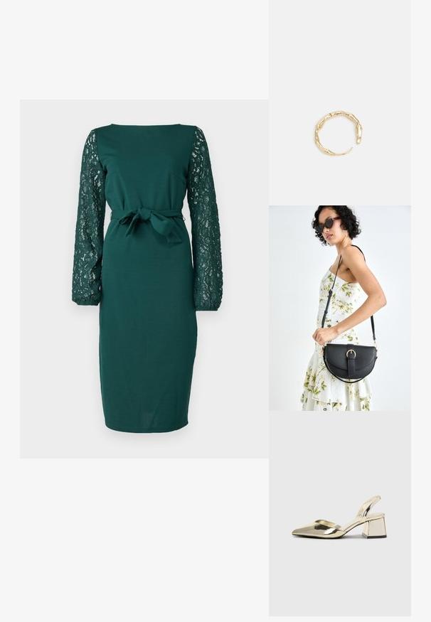 Zaļa kleita ar garām mežģīņu piedurknēm, pieguļošs siluets, apaļa dekoltē un sasietas jostas detaļa. Gluda auduma konstrukcija ar teksturētām mežģīņu akcentiem.; Zeltaini, metāla kurpes ar siksniņām, norakans purngalis un masīla papēdis. Gluda tekstūra, minimālisma dizains un šaura siksna.; Melnas ādas rokassoma ar izliekta formu, noņemamu siksnu un zelta aksesuāriem. Somai ir vāciņš ar sprādzes detaļu.; Zelta toņa gredzens ar organisku, vērptu dizainu, gludu virsmu un sašaurinātiem galiem, radot mūsdienīgu, skulpturālu izskatu.