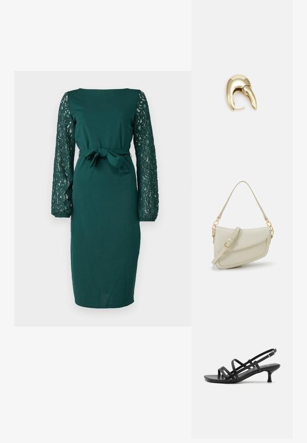 Πράσινο φόρεμα με μακριές δαντελένιες μανσέτες, εφαρμοστή σιλουέτα, στρογγυλή λαιμόκοψη και λεπτομέρεια με κόμπο στη μέση. Λείο ύφασμα με υφή από δαντέλα.; Μαύρες ψηλοτάκουνες σάντλας με πολλαπλές διασταυρούμενες λωρίδες. Λείο υλικό, μυτερή μύτη και στενός τακούνι. Ρυθμιζόμενη λωρίδα στον αστράγαλο με αγκράφα.; Μικρή κρέμα τσάντα χεριού με υφή, μακριά ρυθμιζόμενη λουρί, αλυσίδα ως διακόσμηση και κλείσιμο με καπάκι. Χρυσές λεπτομέρειες.; Χρυσόχρωμο μέταλλο σκουλαρίκι με κομψό, καμπυλωτό σχέδιο. Διαθέτει χαρακτηριστικό μυτερό σχήμα, γυαλιστερή επιφάνεια και κλείσιμο με μεντεσέ.