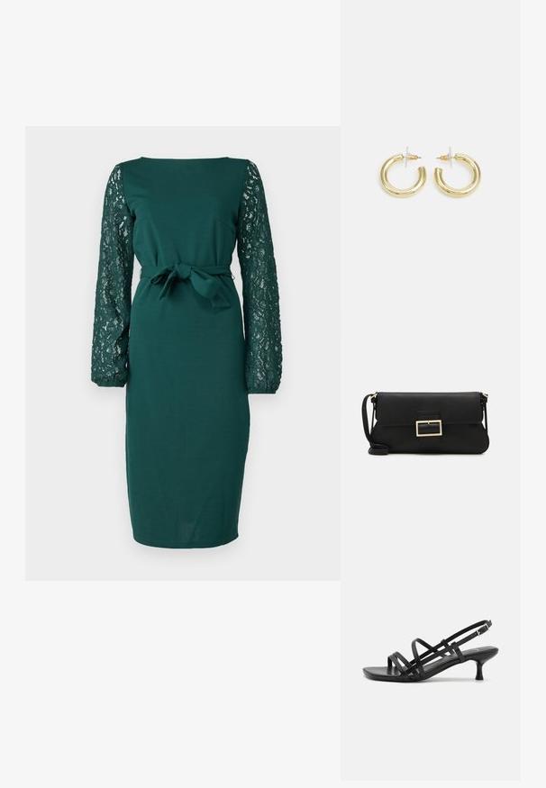 Zöld ruha hosszú csipkés ujjal, testhez simuló sziluettel, kerek nyakkivágással és megkötős derékrésszel. Sima anyag csipkés részletekkel.; Fekete magassarkú szandálok több keresztben átkötött pánttal. Simább anyag, hegyes orr és keskeny sarok. Állítható bokapánt kapcsos rögzítéssel.; Fekete bőr kézitáska hajtóka részlettel és aranyszínű fém csattal. Tartalmaz egy fekete pántot és egy letisztult, minimális dizájnt.; Arany fülbevalók sima, fényes felülettel. Kör alakú dizájn, amely kis kapoccsal és átlátszó tartozékkal rendelkezik a biztonságos viselés érdekében.