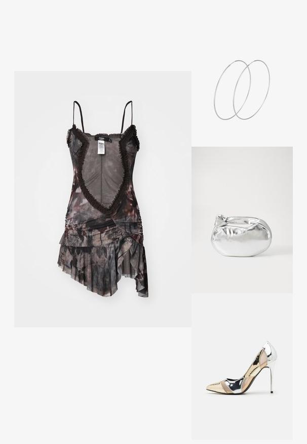 Asymetrické šaty v tmavých odtieňoch s kvetinovým vzorom. Obsahujú zúbkované okraje, tenké ramenné popruhy a zhromaždené detaily látky.; Lodičky s špičatou špičkou v striebornom, zlatom a telovom farebnom prevedení. Lesklý povrch s výrezovým dizajnom, s ihlovým opätkom.; Strieborná metalická taška s mäkkým, zaobleným tvarom a uzáverom s uzlíkom. Vyrobená z hladkej syntetickej kože.; Strieborné kruhové náušnice s minimalistickým dizajnom. Cirkulárny tvar, hladký povrch a tenký profil. Ľahké s lesklým povrchom.