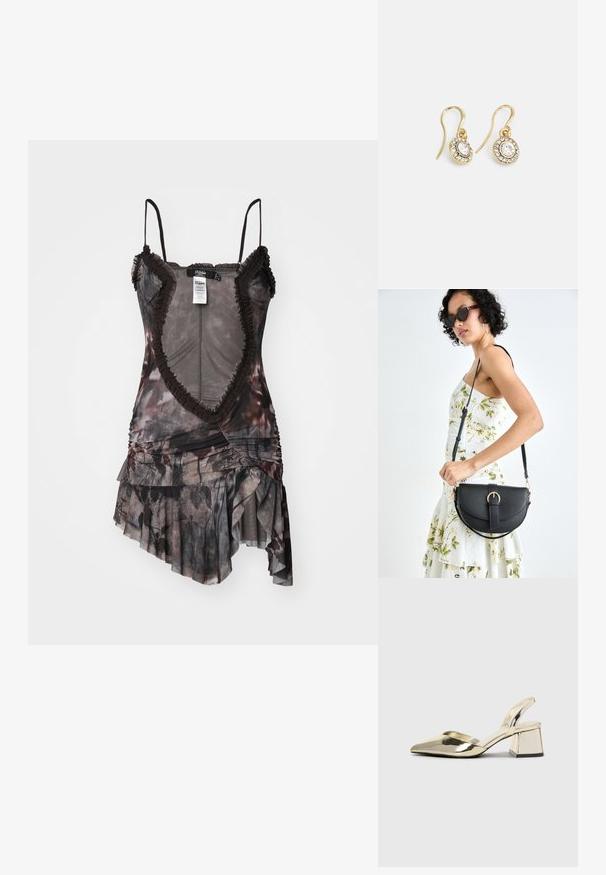 Robe asymétrique dans des teintes sombres avec un imprimé floral. Présente des bords froncés, des fines bretelles et des détails de tissu froncé.; Talons aiguilles dorés métalliques avec un bout pointu et un talon épais. Texture lisse, design minimaliste et une fine bride.; Sac à main en cuir noir avec une forme courbée, bandoulière amovible et des accessoires en or. Le sac est doté d'un rabat avec un détail de boucle.; Boucles d'oreilles en ton or avec des cristaux transparents en forme d'ovale entourés de plus petits cristaux transparents, dotées d'un design à crochet pour un port sécurisé.
