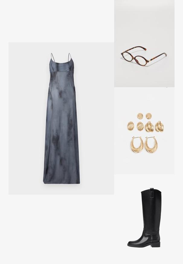 Langes, satiniertes Nachthemd in einem gedämpften Grauton mit dünnen Trägern, das über geschwungene Nahtdetails und eine glatte, leicht reflektierende Textur verfügt.; Schwarze kniehohe Stiefel aus glattem synthetischen Material. Verfügt über eine abgerundete Zehenpartie, einen niedrigen Blockabsatz und vertikale Nähte.; Schildpatt-Brillengestell mit ovalen Fassungen, klaren Gläsern und goldenen Akzenten. Verfügt über geschwungene Bügel und eine glatte, glänzende Oberfläche.; Goldfarbene Ohrringe, bestehend aus drei Paaren: strukturierte ovale Stecker, ohrringe mit gewelltem Design und große Creolen mit geschichteten Rillen.