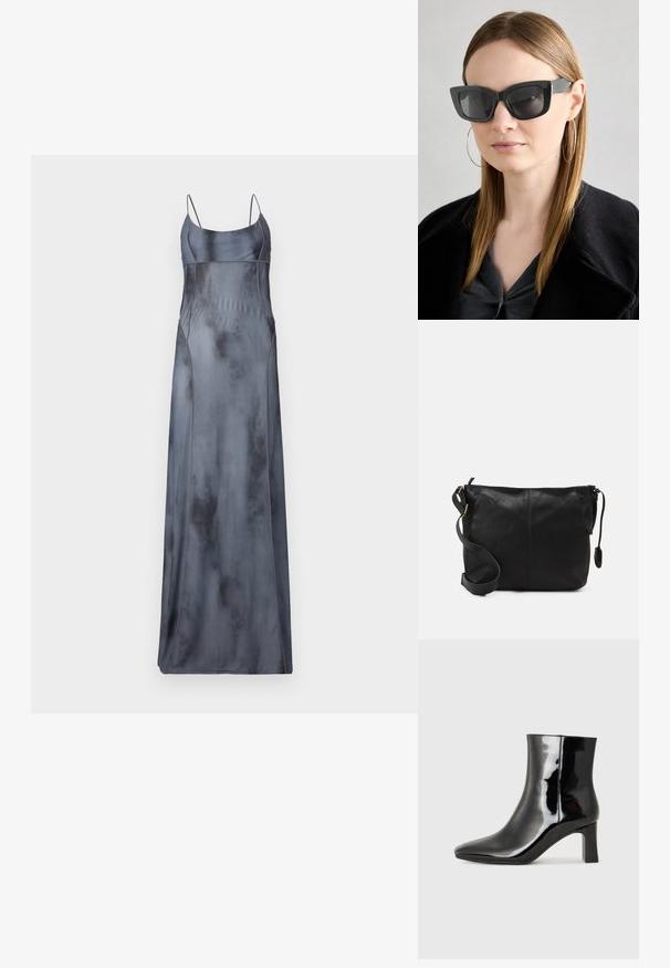 Longo abito in satin color grigio tenue con spalline sottili, caratterizzato da dettagli a cucitura curva e una texture liscia e leggermente riflettente.; Stivaletto in pelle verniciata nera con punta a punta e tacco a blocco di altezza media. Texture liscia e design minimalista.; Occhiali da sole a forma di occhio di gatto neri con lenti scure, montatura spessa e dettagli sottili. Indossati con un cappotto nero e una maglia grigia, con capelli lunghi e lisci.; Borsa a tracolla in pelle nera con forma piatta, dettagli in metallo dorato e tracolla regolabile. Texture liscia con dettagli di cucitura minimi.