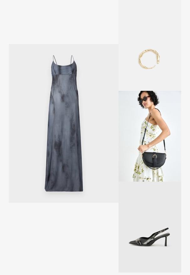 Duga, satenasta haljina bez rukava u nijansiranoj sivoj boji s tankim trakama, koja ima zakrivljene šavove i glatku, blago reflektirajuću teksturu.; Crna lakirana slingback cipela s izduženim vrhom, remenčićima oko gležnja s srebrnim kopčama i dijelovima, te vitkim potplatom.; Crna kožna torba s lukovitim oblikom, odvojivim remenom i zlatnim detaljima. Torba ima preklop s kopčom.; Prsten u zlatnoj nijansi s organskim, uvijenim dizajnom, glatkom teksturom i suženim krajevima, koji stvara moderan, skulpturalni izgled.
