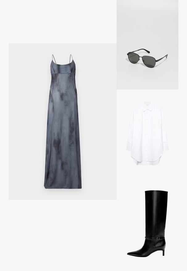 Lange, satijnen slipdress in een gedempte grijze kleur met dunne bandjes, met gebogen naaddetails en een gladde, licht reflecterende textuur.; Witte lange mouwen button-up shirt met een puntige kraag en een ronde zoom, gepresenteerd tegen een effen achtergrond.; Zwarte leren laarzen tot de knie met een spitse neus en een kleine hak. Voorzien van een smalle band met een metalen gesp rond de enkel. Effen textuur.; Zwarte metalen zonnebril met grijze lenzen, met een ovale vorm, dunne armen en verstelbare neusvleugels. Minimalistisch ontwerp.; Zwarte leren handtas met een unieke waaier vorm, voorzien van platte handvatten. Het oppervlak heeft een gewelfde textuur en een minimalistisch ontwerp.
