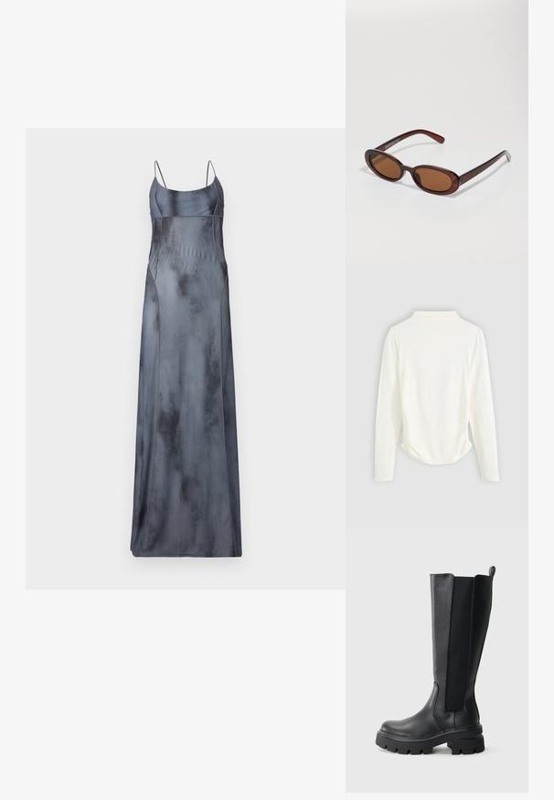 Dlhé saténové šaty s úzkymi ramienkami v tlmenej sivej farbe, s detailmi zakrivených švov a hladkou, mierne reflexnou textúrou.; Dlhý rukáv top z krémového materiálu, so slabým zberom na bokoch a klasickým golierom. Hladká textura, jednoduchý dizajn.; Čierne čižmy po kolená s hladkým koženým povrchom a kontrastnými elastickými bočnými panelmi. Masívna gumová podrážka s výrazným dezénom.; Okrúhle slnečné okuliare s hnedým nádychom a lesklým burgundským rámom. Úzke ramená s jemným brandovaním. Plochej šošovky dizajn.; Tkaná bordó kožená kabelka s kulatým tělem, silným uchem a zipovým uzavřením. Vyznačuje se hladkým povrchem a propleteným vzorem.