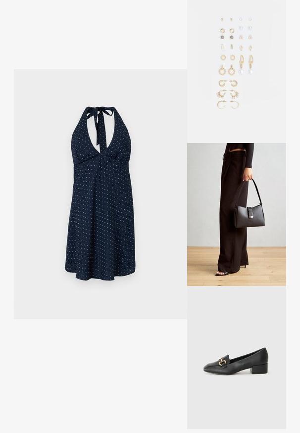 Marin halterneck kjole med hvite prikker, med dyp utringning, samlet midje og svømmende skjørt. Stoffet har en myk tekstur.; Sorte skinnloafers med flat hæl, med dekorativ detalj i gull foran og en jevn tekstur.; Svart håndveske med strukturert form, jevn tekstur og metallisk lås. Kombinert med brede svarte bukser og sandaler med åpen tå på tregulv.; Sett med gullfargede øredobber med ulike design, inkludert stikkere, hoops og hengende deler med perler og rhinestones.