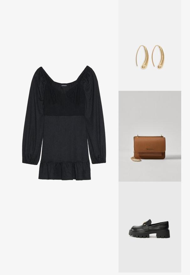 Top preto com decote quadrado e mangas bufantes. Feito de tecido texturizado, com uma bainha assimétrica. Design simples, sem padrões ou detalhes.; Mocassins de couro preto com uma sola robusta, apresentando um detalhe em tom dourado na parte da frente e um acabamento suave. Design de solado com cravos robustos.; Bolsa crossbody de couro texturizado castanho com alça de corrente dourada e fecho com aba. A parte da frente apresenta detalhe do logótipo e um bolso sob a aba.; Brincos em metal dourado com forma de arco alongado e curvado. Apresentam uma superfície lisa e brilhante, com uma ponta arredondada para um detalhe adicional.