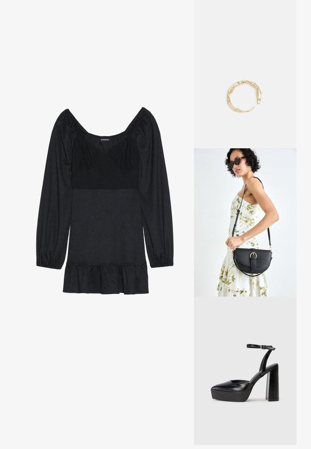 Top nero con scollatura quadrata e maniche a sbuffo. Realizzato in tessuto texturizzato, presenta un orlo svasato. Design semplice senza motivi o accenti.; Tacchi a piattaforma neri con punta appuntita e cinturino regolabile alla caviglia. Realizzati in pelle liscia, presentano un tacco a blocco spesso.; Borsa a tracolla nera in pelle con una forma curva, manico rimovibile e accessori dorati. La borsa presenta una patta con un dettaglio a fibbia.; Anello in tono oro con un design organico e Twisted, caratterizzato da una superficie liscia e punte affusolate, che crea un aspetto moderno e scultoreo.