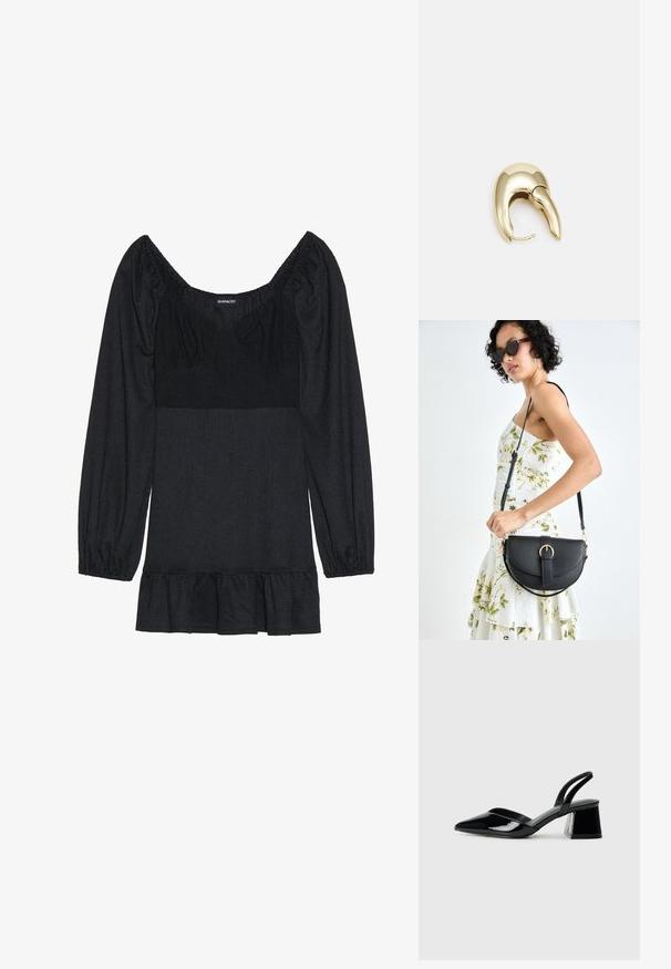 Must mustriga ruudulise kaelusega ja puhvvarrukatega. Valmistatud tekstuuritud kangast, flared alläärega. Lihtne disain ilma mustrite või aktsentideta.; Mustad musta lakknahk kingad, millel on terav varvas ja geomeetriline plokkkonts. Omab elegantselt minimalistlikku disaini ja sujuvat tekstuuri.; Mustmust mustraha kõverate joontega, eemaldatava rihmaga ja kuldsete detailidega. Kotil on klapp, millel on pandladetail.; Kuldtooni metallist kõrvarõngas, millel on elegantne ja kaarjas disain. Omab silmapaistvat teravat kuju, poleeritud pinda ja hingesulgemist.