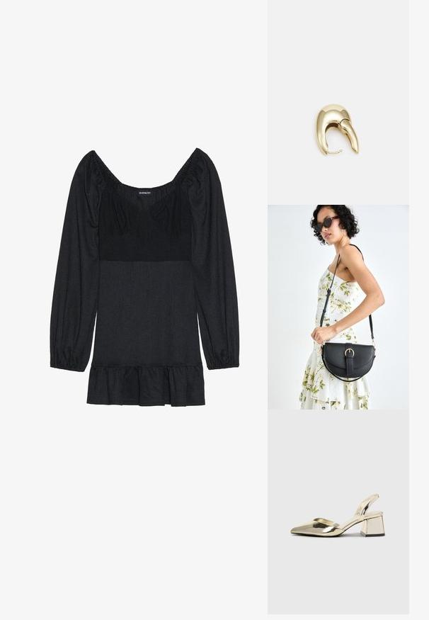 Must mustriga ruudulise kaelusega ja puhvvarrukatega. Valmistatud tekstuuritud kangast, flared alläärega. Lihtne disain ilma mustrite või aktsentideta.; Kuldne, metallilised slingback-kudumid terava varba ja paksu kontsaga. Sile tekstuur, minimalistlik disain ja kitsas rihm.; Mustmust mustraha kõverate joontega, eemaldatava rihmaga ja kuldsete detailidega. Kotil on klapp, millel on pandladetail.; Kuldtooni metallist kõrvarõngas, millel on elegantne ja kaarjas disain. Omab silmapaistvat teravat kuju, poleeritud pinda ja hingesulgemist.