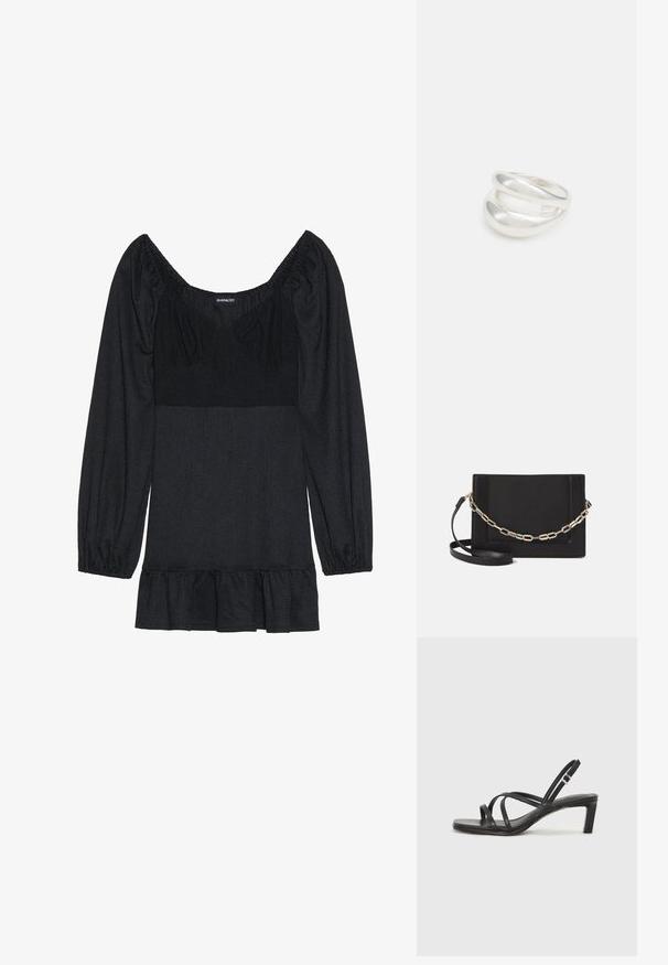 Musta yläosa, jossa on neliömäinen pääntie ja puffihihat. Valmistettu teksturoituneesta kankaasta, jossa on levenevä helma. Yksinkertainen muotoilu ilman kuvioita tai korostuksia.; Mustat hihnalligat, joissa on neliön muotoinen kärki ja matala lohkokorko. Ominaisuuksiin kuuluu useita ohuita hihnoja ja säädettävä nilkkahihna. Valmistettu sileästä nahasta.; Musta nahkainen olkalaukku, jossa on sileä pinta, suorakulmainen muoto ja metalliketju yksityiskohtana edessä. Mukana säädettävä hihna.; Hopeinen kaksinkertainen rengas, jossa on sileä, kiillotettu pinta. Siinä on sulava, kaareva muotoilu, jossa on päällekkäisiä osia modernin ilmeen saavuttamiseksi.