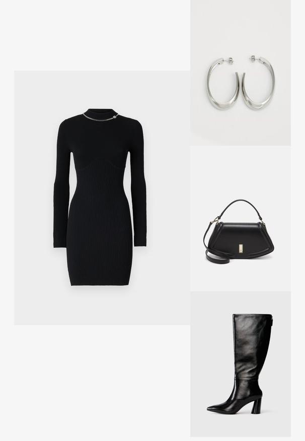 Černé žebrované dlouhé šaty s upnutým střihem. Mají stojáček a stříbrný řetízek jako akcent poblíž límce. Měkká textura.; Černá kožená vysoká boot do půli lýtek s špičatou špičkou, hladkou texturou a masivním podpatkem. Obsahuje zip na zadní straně.; Černá kožená kabelka se strukturovaným designem, jejíž tvar je zkrácený, má horní rukojeť a zlaté kovové detaily. Součástí je i nastavitelný ramenní popruh.; Stříbrné kruhové náušnice s hladkým, zakřiveným designem. Vyznačují se lesklým kovovým povrchem a zapínáním na patent. Žádné viditelné vzory nebo akcenty.