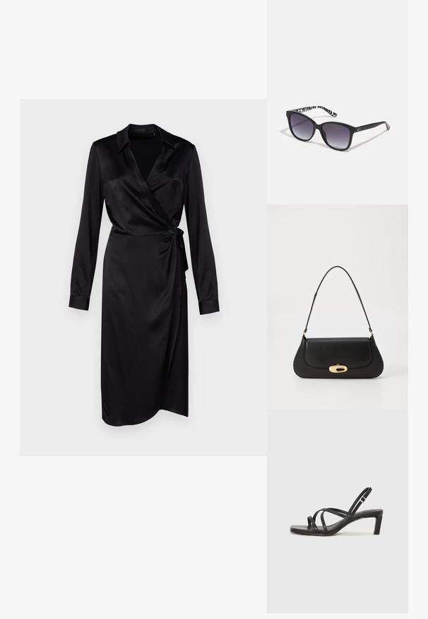 Μαύρο σατινέ περιτύλιγμα φόρεμα με μακριά μανίκια, γιακά και λεπτομέρεια πλευρικού δέσιμο, με απαλό υφή και σχεδίαση μέχρι το γόνατο.; Μαύρη σανδάλι με λουράκια και τετράγωνη μύτη, καθώς και χαμηλό μπλοκ τακούνι. Διαθέτει πολλαπλά λεπτά λουράκια και ρυθμιζόμενο λουράκι στον αστράγαλο. Κατασκευασμένο από λείο δέρμα.; Μαύρα γυαλιά ηλίου με gradient φακούς, τετράγωνο σχήμα και μια υφασμάτινη μπορντούρα σε μαύρο και λευκό. Διαθέτουν ασημένια λογότυπο.; Μαύρη δερμάτινη τσάντα με καμπυλωτό σχέδιο, χρυσές λεπτομέρειες και επάνω χερούλι. Διαθέτει κομψό κλείσιμο και ομαλή υφή.