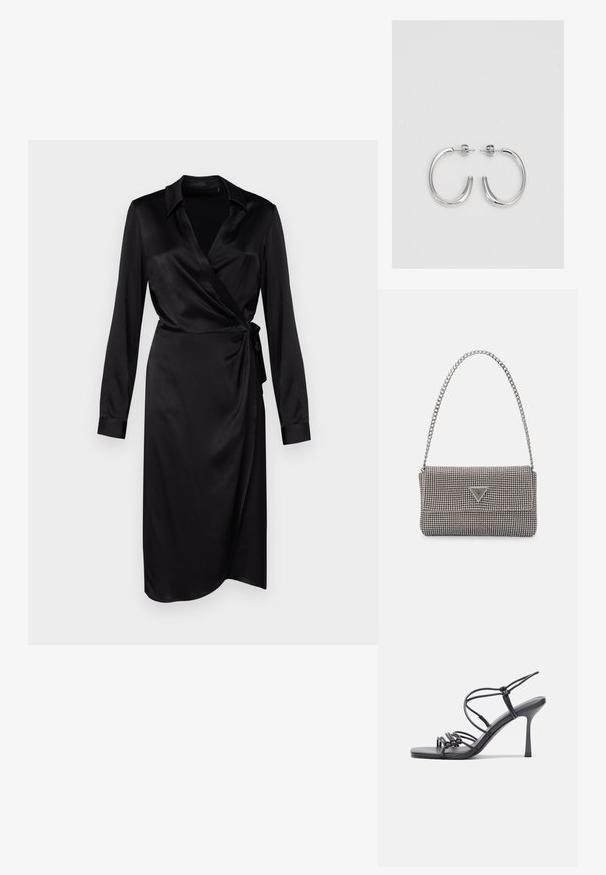 Juodas satino apgaubimo suknelė su ilgomis rankovėmis, apykakle ir šoniniu surišimu, pasižyminti lygaus audinio tekstūra ir iki kelių siekiančiu dizainu.; Juodos aukštakulnės sandalai pasižymi plonyčiais dirželiais su mazgo dizainu, lygiu kvadratiniu pirštu ir elegantišku stiletto kulnu.; Šviesiai pilka metalinė rankinė su grandinėlės dirželiu, papuošta mažais apvaliais metaliniais smeigėmis ir trikampiu prekės ženklu.; Sidabrinės auskarai žiedai su lygiu, blizgiu paviršiumi. Suapvalinta forma, lengvas dizainas, su uždarymu ant smeigtuko.