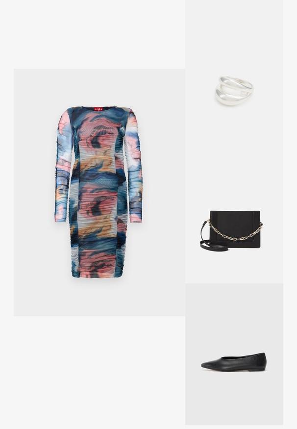 Long-sleeve dress featuring a multi-colored abstract pattern with ruching. Made of sheer, smooth fabric with sparkly accents.; Black leather ballet flat, pointed toe, minimalistic design, smooth texture, low-profile heel, no visible hardware or embellishments.; Black leather crossbody bag featuring a smooth texture, rectangular shape, and a metallic chain detail on the front. Adjustable strap included.; Silver double-band ring with a smooth, polished surface. Features a fluid, curved design with overlapping sections for a modern look.