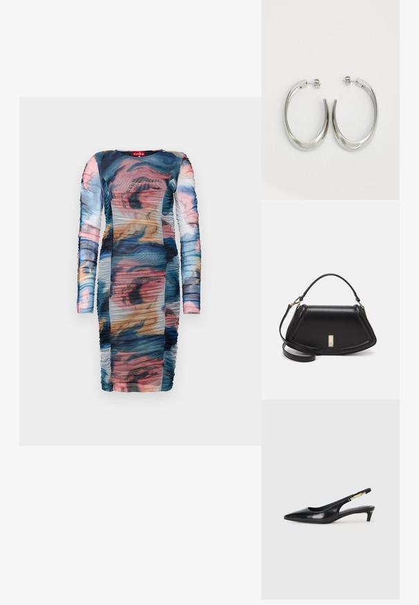 Φόρεμα μακρυμάνικο με πολύχρωμο αφηρημένο σχέδιο και ρούχινγκ. Φτιαγμένο από διάφανο, απαλό ύφασμα με λαμπερές λεπτομέρειες.; Μαύρες δερμάτινες γόβες slingback με μυτερή μύτη, διαθέτοντας λεπτό τακούνι και χρυσή λεπτομέρεια στην ρυθμιζόμενη λωρίδα. Λείος υφές.; Μαύρη δερμάτινη τσάντα με δομημένο σχέδιο, που διαθέτει κομμένο σχήμα, επάνω λαβή και χρυσά μεταλλικά στοιχεία. Περιλαμβάνει ρυθμιζόμενο λουρί ώμου.; Ασημένια σκουλαρίκια κρίκοι με μαλακή, καμπυλωτή σχεδίαση. Διαθέτουν γυαλιστερή μεταλλική υφή και κλείσιμο με σφίγγα. Χωρίς ορατά μοτίβα ή διακοσμήσεις.