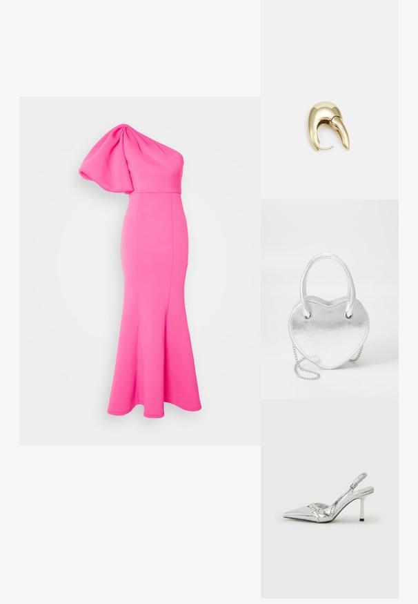 Vienos peties rožinė vakarinė suknelė iš tamprios medžiagos, prigludusi liemeni, su plačiu apvadu, turinti drapiruotą peties detalę ir lygią tekstūrą.; Sidabriniai slingback aukštakulniai batai su smailia pavadinimu, metaliniu paviršiumi, dviem dekoratyvinėmis juostelėmis ir lieknu kulnu su juodu galiuku.; Sidabrinė metalinė širdies formos rankinė su dviem rankenomis, grandininiu diržu ir lygia textura. Yra metaliniai elementai ir siūti kraštai.; Aukso tono metalinės auskarai su stilingu, kreiviu dizainu. Išsiskiria ryškiu smailiu pavidalu, poliruota paviršiumi ir užsegimu su vyriu.