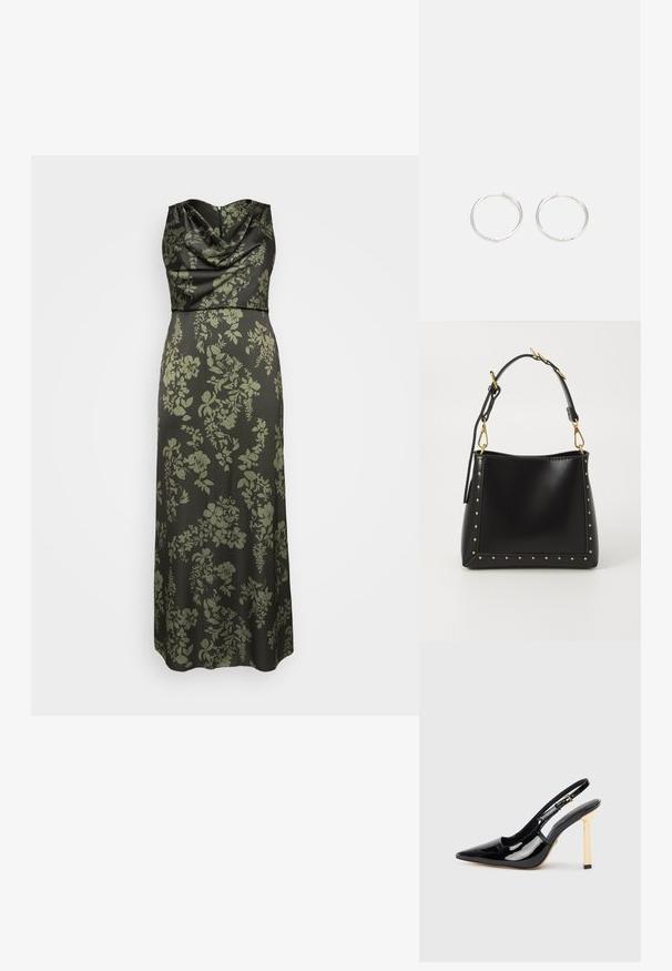 Ilga melna kleita ar cowl dekoltē un tumši zaļu ziedu rakstu. Rauga satīna materiāls; grīdas garuma dizains ar pieguļošu jostu.; Melna lakota ādas siksna ar augstu papēdi un smailu purngalu ar zelta krāsas kvadrātveida papēža akcentu. Aprīkots ar regulējamu potītes siksniņu.; Melnas ādas rokassoma ar strukturētu formu, ar zeltītu naglām pa malām un noņemamu siksniņu ar zelta furnitūru.; Sudraba riņķa auskari ar elegantu, apaļu dizainu, kas izceļas ar gludu virsmu un bez redzamām rotājumām. Diametrs netiek norādīts.