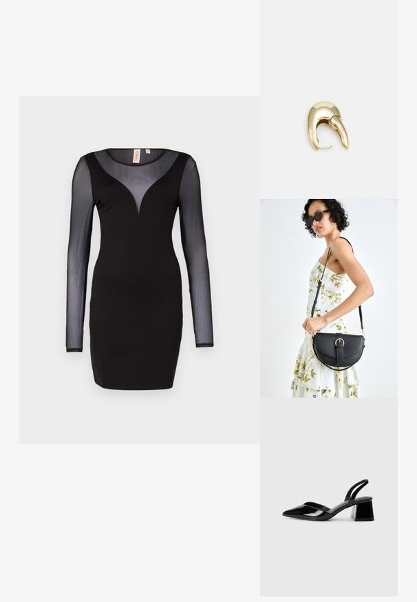 Melnas kleitas ar garām caurspīdīgām mežģīņu piedurknēm un V veida dekoltē. Pieguļošs dizains, kas izgatavots no gludas auduma, ar vienkāršu siluetu.; Melna lakota āda ar atvērto papēdi, ar smailu purngalu un ģeometrisku blokpapēdi. Iezīmējas elegants, minimāls dizains un gluda tekstūra.; Melnas ādas rokassoma ar izliekta formu, noņemamu siksnu un zelta aksesuāriem. Somai ir vāciņš ar sprādzes detaļu.; Zeltīti metāla auskari ar gludu, izliekta dizaina. Ar atšķirīgu smailu formu, pulētu virsmu un eņģu aizdari.