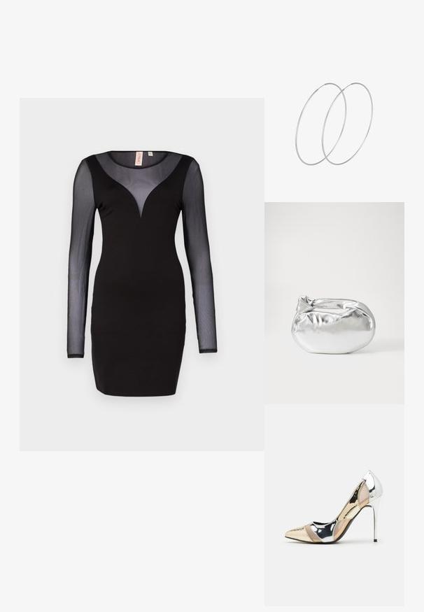 Juoda suknelė su ilgomis permatomomis tinklinėmis rankovėmis ir V formos iškirpte. Prigludęs dizainas, pagamintas iš lygios medžiagos, su paprasta siluetu.; Aštrus pirštas aukštakulnis batelis su sidabro, aukso ir nuogų spalvų deriniu. Blizgus paviršius su išpjovos dizainu, su stiletto kulnu.; Sidabrinė metalinė maišelio forma su švelnia, apvalia forma ir mazgu užveriamu viršumi. Pagaminta iš lygios dirbtinės odos medžiagos.; Sidabrinės pusmėnulio auskarai minimalistiniu dizainu. Apskritimo forma, lygus paviršius ir plonas profilis. Lengvi su poliruotu apdailu.