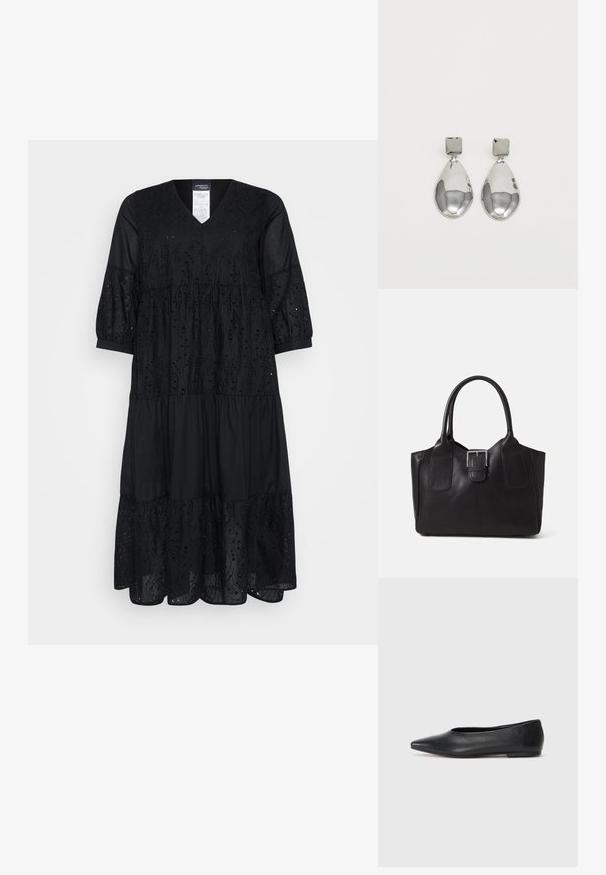 Černé vrstvené šaty s výstřihem do V, tříčtvrtečními rukávy, výšivkami a volným střihem. Vyrobené z lehkého materiálu.; Černé kožené baleríny, špičatá špička, minimalistický design, hladký povrch, nízký podpatek, žádné viditelné kovové prvky nebo ozdoby.; Černá kožená tote taška s hladkým povrchem, strukturovaným tvarem, dvěma uchy a výrazným stříbrným detailem s přezkou na přední straně.; Stříbrné kapkové náušnice se čtvercovou například, s hladkým, lesklým povrchem a kapkovým tvarem, odrážející světlo lesklým povrchem.