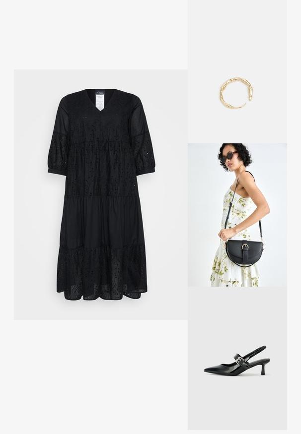 Črna večplastna obleka z V-izrezom, rokavi do treh četrtin, izvezeni izrezi in tekoč dizajn. Narejena iz lahkega materiala.; Črne patent usnjene slingback pete s koničastim nosom in majhnim blok peto, ki vključujejo srebrno zaponko na traku.; Črna usnjena torbica s ukrivljeno obliko, z odstranljivo naramnico in zlatimi dodatki. Torbica ima pokrov s podrobnostmi v obliki zaponke.; Zlati prstan s organskim, zvitim dizajnom, gladko površino in taperiranimi konci, ki ustvarja modernega, skulpturalnega videza.