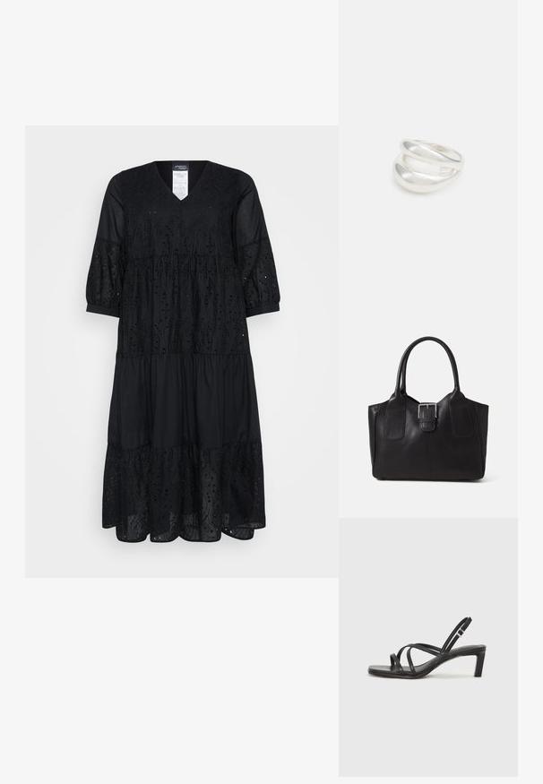 Mustassa kerroksellisessa mekossa on V-pääntie, kolme neljännesosaa hihat, kirjailtua aukkoja ja virtaava malli. Valmistettu kevyestä kankaasta.; Mustat hihnalligat, joissa on neliön muotoinen kärki ja matala lohkokorko. Ominaisuuksiin kuuluu useita ohuita hihnoja ja säädettävä nilkkahihna. Valmistettu sileästä nahasta.; Musta nahkainen olkalaukku, jossa on sileä pinta, ryhdikäs muoto, kaksi kahvaa ja silmienpistävä hopeinen solkiyksityiskohta edessä.; Hopeinen kaksinkertainen rengas, jossa on sileä, kiillotettu pinta. Siinä on sulava, kaareva muotoilu, jossa on päällekkäisiä osia modernin ilmeen saavuttamiseksi.; Hopeinen kaksinkertainen rengas, jossa on sileä, kiillotettu pinta. Siinä on sulava, kaareva muotoilu, jossa on päällekkäisiä osia modernin ilmeen saavuttamiseksi.