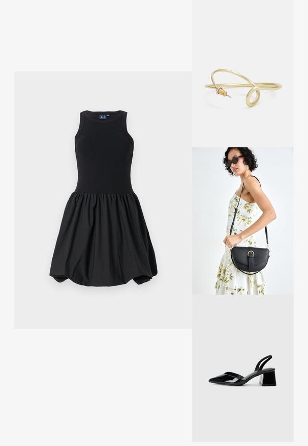 Črna obleka s prilegajočim topom iz tankega materiala in obsežno, nabrano krilo. Gladka tekstura, izdelana iz mehkega blaga brez vidnih vzorcev.; Črne lakirane slingback pete s koničastim nosom in geometrijsko blokasto peto. Imajo eleganten, minimalističen dizajn in gladko teksturo.; Črna usnjena torbica s ukrivljeno obliko, z odstranljivo naramnico in zlatimi dodatki. Torbica ima pokrov s podrobnostmi v obliki zaponke.; Zlato obarvan kovinski zapestnica s tekočim, ukrivljenim dizajnom. Ima majhen, izstopajoč srebrn poudarek na enem koncu.