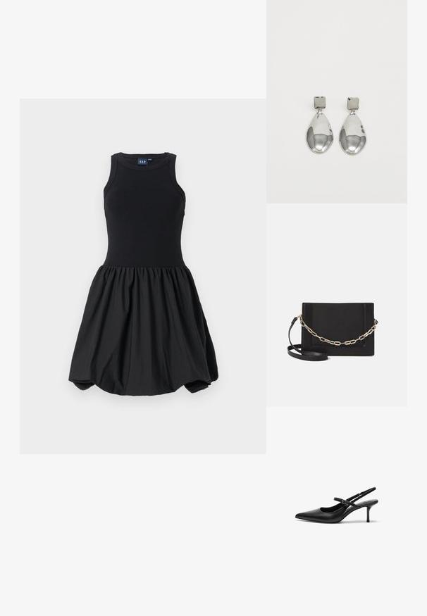 Schwarzes Kleid mit einem taillierten Tanktop-Oberteil und einem voluminösen, gerafften Rock. Glatte Textur, aus weichem Stoff hergestellt ohne sichtbare Muster.; Schwarze Leder Slingback-Absätze mit einer spitzen Zehenform, schmalem verstellbarem Riemen und einem etwa 5 cm hohen Stiletto-Absatz, glatte Textur.; Schwarze Leder-Crossbody-Tasche mit glatter Textur, rechteckiger Form und metallic-kettendetail auf der Vorderseite. Verstellbarer Gurt inklusive.; Silberne Tropfenohrringe mit einem quadratischen Stecker, die eine glatte, polierte Oberfläche und eine Tropfenform aufweisen, die Licht mit einer glänzenden Oberfläche reflektiert.