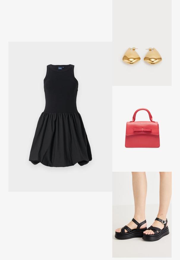 Svart kjole med et tettsittende tank topp-bodice og en voluminøs, samlet skjørt. Glatt tekstur, laget av mykt stoff uten synlige mønstre.; Sorte plattform sandaler med kryssende stropper, sølvdetaljer og hvit søm. Designet med en kraftig såle og åpen tå.; Rød lærveske med en strukturert design, som har et topphåndtak og en frontsløyfe. Glatt tekstur med sydde kanter.; Øreringer i gulltone laget av metall, med en glatt, avrundet trikantform og stift-bakdesign; reflekterende overflate med minimal detaljer.
