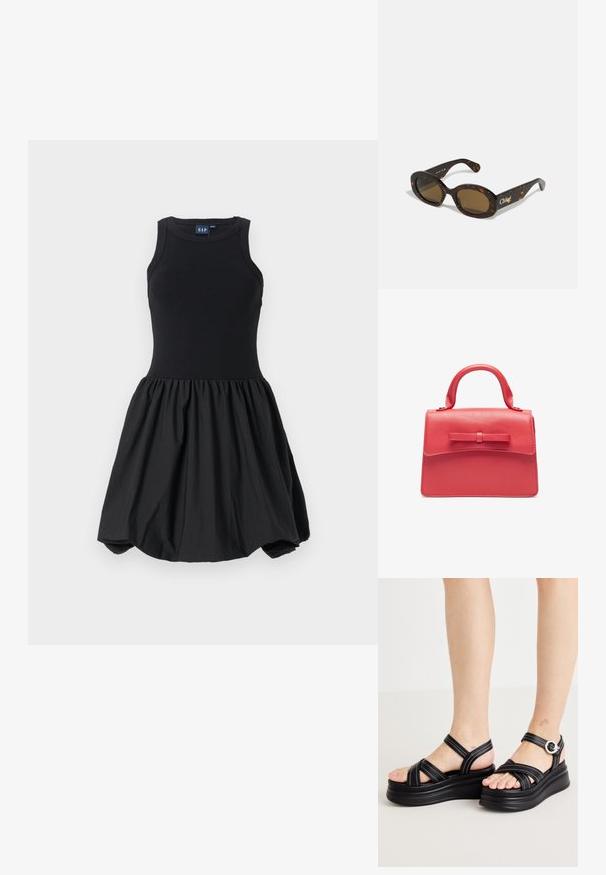 Zwarte jurk met een aansluitend tanktop bovenlijf en een volumineuze, geraffineerde rok. Gladde textuur, gemaakt van zachte stof zonder zichtbare patronen.; Zwarte platform sandalen met kruislings gespen, zilveren hardware en witte stiksels. Ontworpen met een chunky zool en open teen.; Schildpadbril met ovale monturen, bruin getinte lenzen en "Chloé" merk op de arm. Gladde plastic materiaal met een glanzende afwerking.; Rode leren handtas met een gestructureerd ontwerp, voorzien van een bovenhandvat en een strikaccent aan de frontzijde. Glad textuur met gestikte randen.