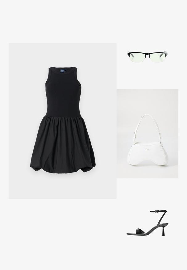 Schwarzes Kleid mit einem taillierten Tanktop-Oberteil und einem voluminösen, gerafften Rock. Glatte Textur, aus weichem Stoff hergestellt ohne sichtbare Muster.; Bershka High Heel Sandalette - black; Schwarze rechteckige Brille mit klaren Gläsern, ausgestattet mit schlanken schwarzen Rahmen und grauen transparenten Bügelspitzen. Minimalistisches Design, keine sichtbare Markenkennzeichnung.; Weißes Handtasche mit glatter, glänzender Oberfläche, geschwungener Form und einem einzigen verstellbaren Trageriemen. Auf der Vorderseite ist ein eingeprägtes Logo vorhanden.