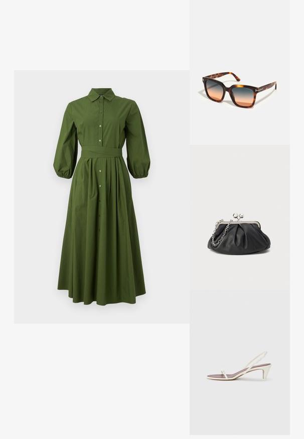 Erdei zöld, hosszú ujjú ingruha, illeszkedő derékkal, gombos elülső résszel és lágyan áramló szoknyával. Hátulján galléros nyakkivágás és puffos ujjakkal rendelkezik.; Fehér, pántos szandál enyhe sarokkal, vékony pántokkal és sima bőr textúrával; kis díszítő csattal rendelkezik.; Tom Ford Napszemüvegek - brown; Fekete bőr táska ráncolt textúrával, ezüst színű fémszerkezettel, csattal záródó fedéllel és láncos pánttal. Simító, puha felület.
