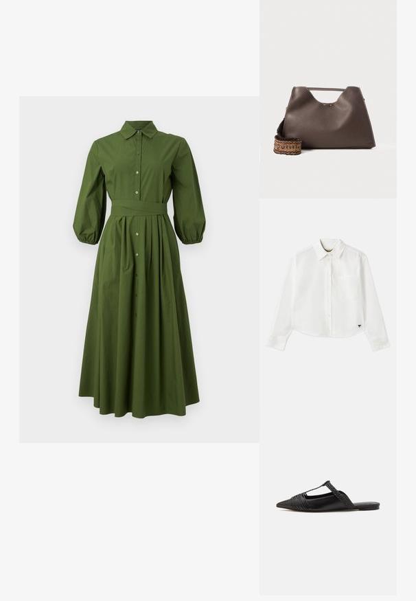 Rochie cămașă verde pădure cu mâneci lungi, talie ajustată, închidere cu nasturi în față și fustă plisată. Dispune de un guler și mâneci puff.; Cămașă albă cropped cu mânecă lungă din bumbac. Prezentă un închizător cu nasturi în față, un buzunar pe piept și un mic logo negru în partea stângă jos.; Pantofii din piele neagră cu curea la spate au vârful ascuțit, prezentând un accent țesut și un design superior pliat. Talpa joasă cu hardware minim.; Geantă de mână din piele maro cu un finisaj texturat, design unghiular și un mâner de sus distinctiv. Prezintă o detaliere a curelei împletite cu un model.