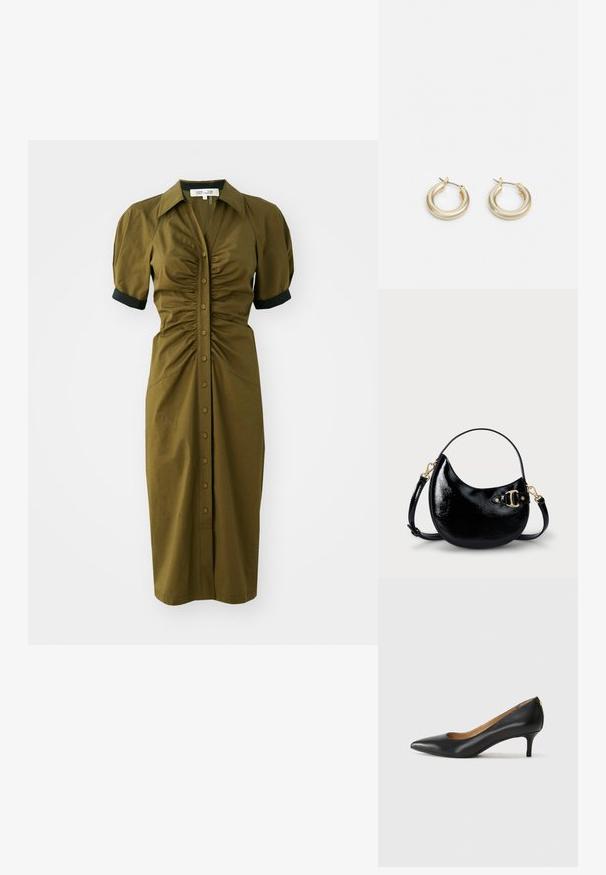 Rochie de lungime medie, de culoare verde măslin, cu un design aderent, mâneci scurte tip puff, guler și închidere cu nasturi pe față. Accente negre pe mâneci.; Pantofii din piele neagră au vârful ascuțit, toc mic și o textură netedă. Au o deschidere ușoară în față și un hardware minim în spate.; Geantă de mână din piele patent neagră, cu o formă curbă, curea ajustabilă și detalii din metal auriu pe lateral. Textură netedă și lucioasă.; Lauren Ralph Lauren BASIC SMALL HOOP - Cercei - gold-coloured