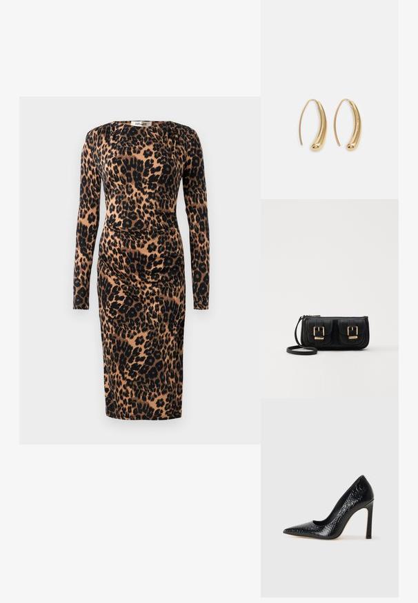 Rochie cu mânecă lungă, până la genunchi, cu talie plisată, din țesătură cu imprimeu leopard bărbos negru și maro.; Pantofii cu toc înalt, ascuțiți, de culoare neagră, cu textură de piele de crocodil, având un design elegant, toc în stil stiletto și interior neted de culoare neagră.; Geantă neagră din piele, tip crossbody, cu două buzunare frontale, catarame aurii, închidere cu fermoar și o curea subțire. Suprafață texturată și formă rectangulară compactă.; Cercei din metal auriu, cu un design curbat și alungit. Au o suprafață netedă și strălucitoare, cu un vârf rotunjit pentru un detaliu suplimentar.