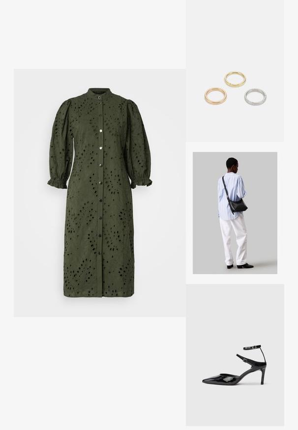 Rochie midi de culoare verde măslinie, realizată dintr-un material texturat, cu deschidere prin butoni, guler înalt și mâneci bufante, având model tăiat cu motive florale pe întreaga suprafață.; Cizme cu toc din piele lacuită neagră, cu vârf ascuțit, curele reglabile la gleznă și un toc subțire. Textură netedă cu un finisaj lucios.; Geantă de umăr din piele neagră cu o textură moale, formă triunghiulară și curea ajustabilă, asortată cu o bluză cu dungi albastre deschise și pantaloni albi.; Trei inele din metal: unul roz aurie, unul auriu cu accente texturate și unul argintiu, toate cu branding gravat pe banda interioară.