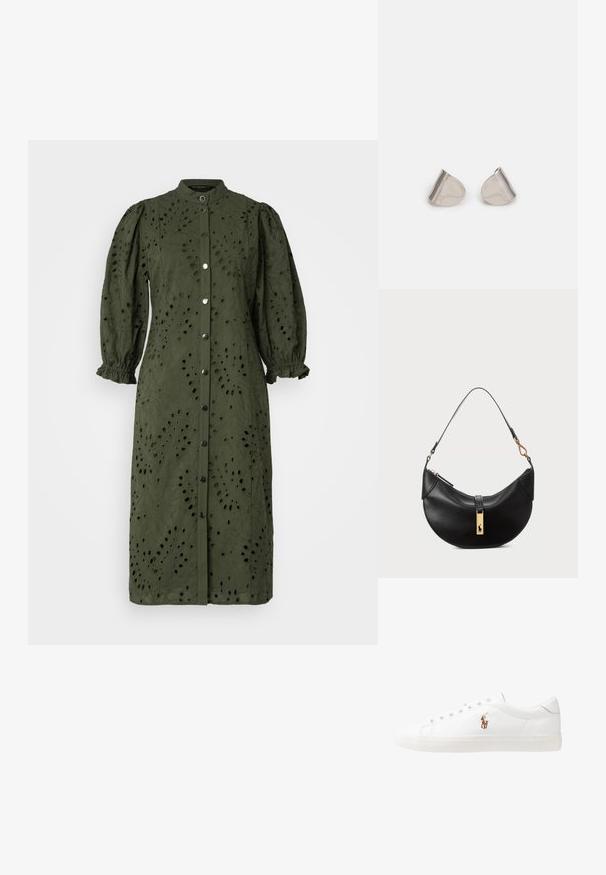 Abito midi verde oliva realizzato in tessuto texture con bottoni frontali, colletto alto e maniche a sbuffo, caratterizzato da motivi floreali intagliati su tutta la superficie.; Sneakers in pelle bianca, design low-top, caratterizzati da una texture liscia, punta rotonda, chiusura con lacci e un piccolo logo ricamato sul lato.; Borsa a tracolla nera in pelle a forma di mezzaluna. Presenta un accento in metallo dorato e una tracolla sottile. Tessuto liscio, chiusura a cerniera nella parte superiore.; Orecchini in metallo argentato con forma a goccia liscia e finitura lucida. Incisioni sottili aggiungono dettagli. Design minimalista.