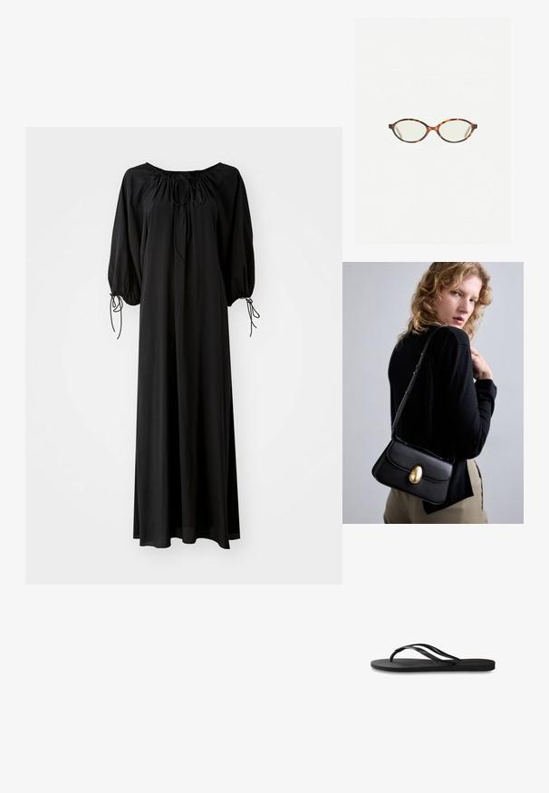Fekete, hosszú ruha széles ujjal és kerek nyakkivágással. A nyaknál és az ujjak végén húzózsinórok találhatók. Könnyű, sima anyagból készült.; Fekete papucs texturált gumitalppal, két vékony pánttal és finom, domború logóval a pánton.; Tortábar színű szemüveg ovális lencsékkel és sima, elegáns felülettel. Vékony szárakkal rendelkezik, amelyeken finom ív található a halántéknál. Átlátszó lencsék.; Fekete bőr kézitáska ívelt formával, kiemelkedő arany ovális zárszerkezettel, állítható pánttal és minimalista dizájnnal.