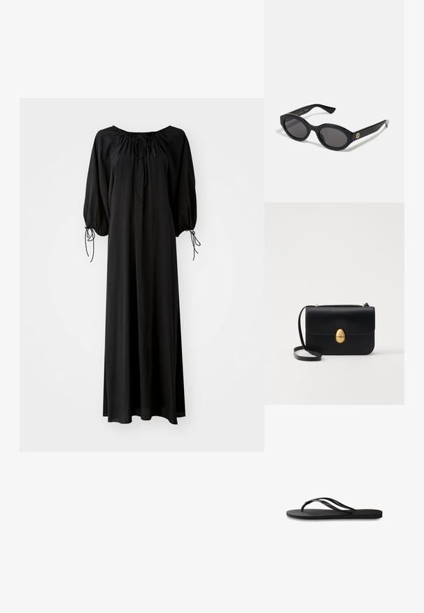 Zwarte lange jurk met brede mouwen en een ronde halslijn. Voorzien van trekkoorden bij de nek en manchetten. Gemaakt van lichte, gladde stof.; Zwarte flip-flop met een gestructureerde rubberen zool, twee slanke banden en een subtiele, ingedrukte logo-detail op de band.; Zwarte ovale zonnebril met donkere glazen en een glanzend kunststof frame. Heeft een gouden logo op de poot, dat een strakke en moderne uitstraling biedt.; Zwarte leren handtas met een gestructureerde rechthoekige vorm. Voorzien van een gouden ovale sluiting en een dunne schouderband. Glad van textuur.