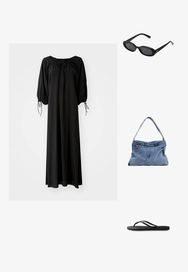 Black long dress with wide sleeves and a scoop neckline. Features drawstring ties at the neck and cuffs. Made from lightweight, smooth fabric.; Black flip-flop featuring a textured rubber sole, two slender straps, and a subtle, embossed logo detail on the strap.; Black oversized sunglasses with oval lenses, smooth plastic frame, and gold accents on temple. Dark lenses provide sun protection.; Denim shoulder bag with a curved strap, two front pockets, and a buttoned top, featuring light blue fabric and contrasting stitching details.