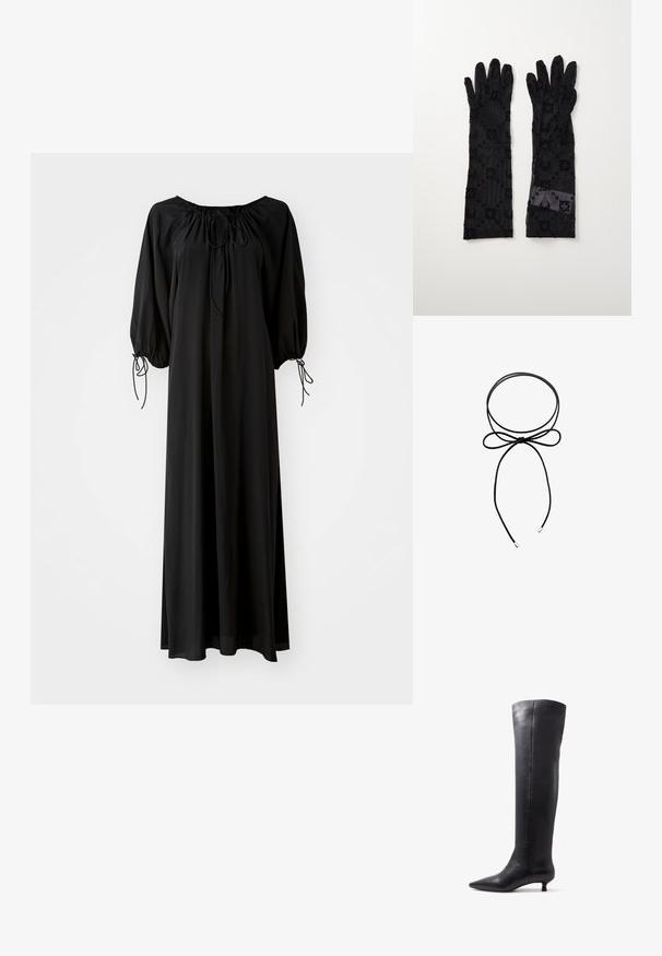 Čierna dlhá šaty s širokými rukávmi a okrúhlym výstrihom. Obsahujú šnúrky na viazanie na krku a zápästiach. Vyrobené z ľahkého, hladkého materiálu.; Čierne kožené čižmy po kolená s špicatou špičkou a malým podpätkom, s hladkou textúrou a minimalistickým dizajnom.; Čierne rukavice vyrobené z priesvitnej tkaniny s textúrovanými kvetinovými a kruhovými vzormi. Dlhý dizajn s hladkým povrchom a detailom štítka na jednom z rukavíc.; Čierny šnúrkový náhrdelník s motívom mašle. Vyrobený z hladkého materiálu, má dva konce s striebornými hrotmi. Jednoduchý a minimalistický dizajn.