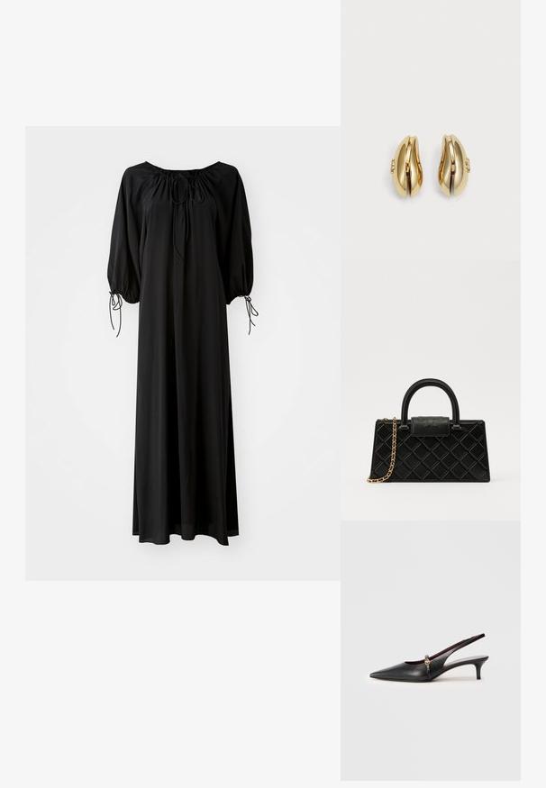 Melns garš kleita ar platām piedurknēm un iegriezumu ap kaklu. Iekļauj savelkamos auklas kakla un aproču daļās. Izgatavota no viegla, gluda auduma.; Melnas ādas siksna ar papēdi, ar norādītu pirkstu, plānu papēdi un zelta akcentu pie potītes siksniņas. Gluda tekstūra un vienkāršs dizains.; Melnā rokassomiņa, kas izgatavota no teksturētas ādas, ar dimanta rakstu, zelta toņa ķēdes siksnu un augšējo rokturi ar logo reljefā slēgšanu.; Zelta tonis auskari ar plūstošu, izliekta dizaina formu. Katrs auskar ir ar gludu virsmu un nelielu aizdari ar dekoratīvu detaļu.