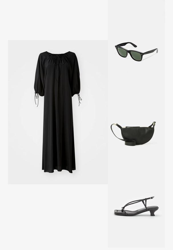 Schwarzes langes Kleid mit weiten Ärmeln und einem runden Ausschnitt. Verfügt über Kordelzüge am Hals und an den Bündchen. Hergestellt aus leichtem, glattem Stoff.; Schwarze Leder-Sandale mit dünnen Riemen, niedrigem Blockabsatz und quadratischer Spitze. Sie verfügt über einen Schnallenverschluss und eine glatte Textur.; Schwarze Plastiksonnenbrille mit grünen Gläsern, quadratischen Rahmen, silbernem Akzent auf der Augenbraue und strukturierten Bügeln. Angegebene Marke auf dem inneren Bügel.; Schwarze Leder-Umhängetasche in Halbmondform, mit strukturiertem Oberflächen, goldfarbenem Reißverschluss und flachem Trageriemen. Kompakte Ausführung, die für die wichtigsten Dinge geeignet ist.