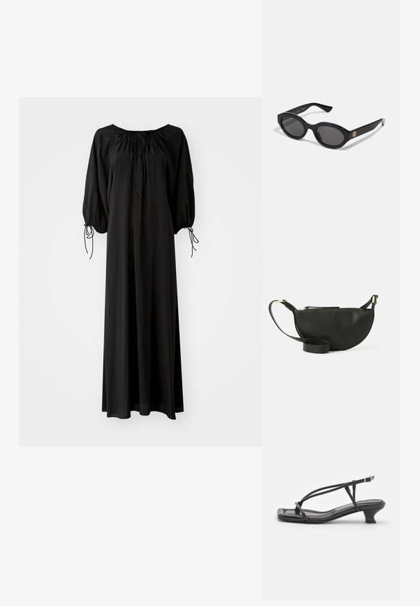 Abito lungo nero con maniche larghe e scollatura a barchetta. Presenta lacci a coulisse al collo e ai polsini. Realizzato in tessuto leggero e liscio.; Sandalo in pelle nera con cinturini sottili, tacco basso a blocco e punta quadrata. Presenta una chiusura con fibbia e una superficie liscia.; Occhiali da sole neri a forma ovale con lenti scure e montatura in plastica lucida. Presentano un logo dorato sulla stanghetta, offrendo un design elegante e moderno.; Borsa a tracolla in pelle nera a forma di mezzaluna, superficie texturizzata, zip dorata e tracolla piatta. Design compatto adatto per gli essenziali.