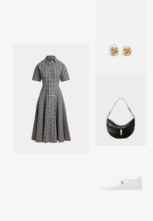 Černobílé kostkované šaty s krátkými rukávy, přiléhavým živůtkem a rozšířenou sukní. Mají knoflíky vpředu a klasický límeček.; Bílé kožené tenisky, nízký střih, s hladkým povrchem, kulatou špičkou, šněrováním v přední části a malým vyšitým logem na boku.; Černá kožená kabelka ve tvaru půlměsíce. Obsahuje zlaté kovové detaily a úzký popruh. Hladký povrch, zapínání na zip na vrchu.; Náušnice ve zlatém tónu ve tvaru uzlu s propleteným designem. Každá náušnice má kulatou průhlednou oporu pro bezpečné nošení.